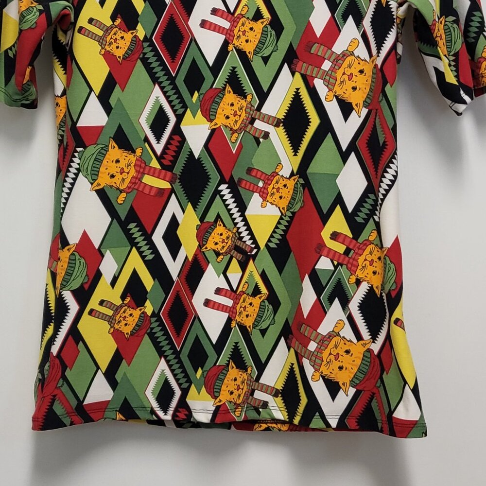 LuLaRoe Womens Top Large Holiday Christmas Cat Print Short Sleeve Stretch - Picture 3 of 11